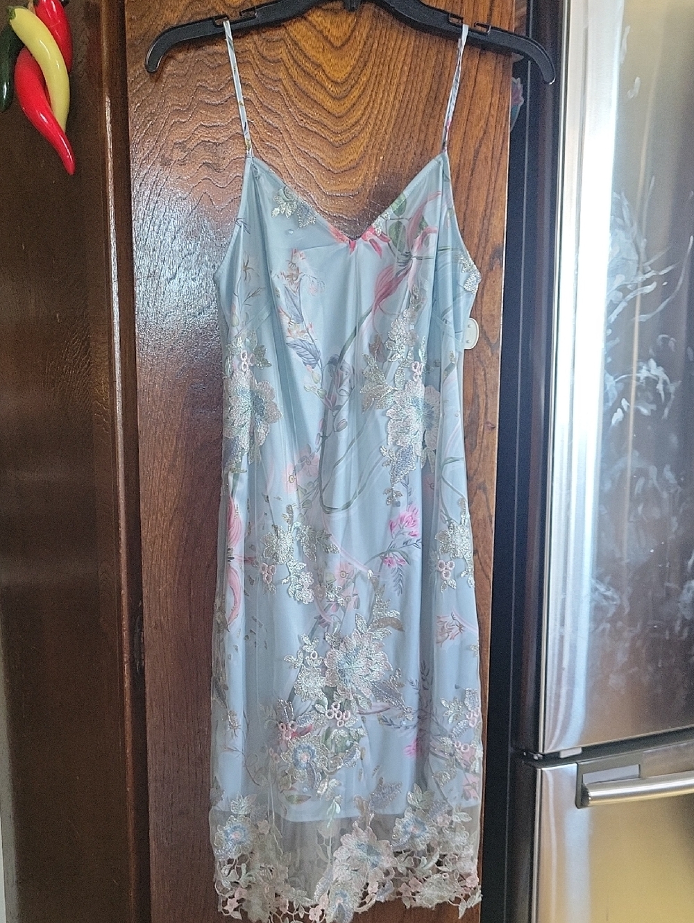 Bebe Light Blue Floral Dress with Lace Trim